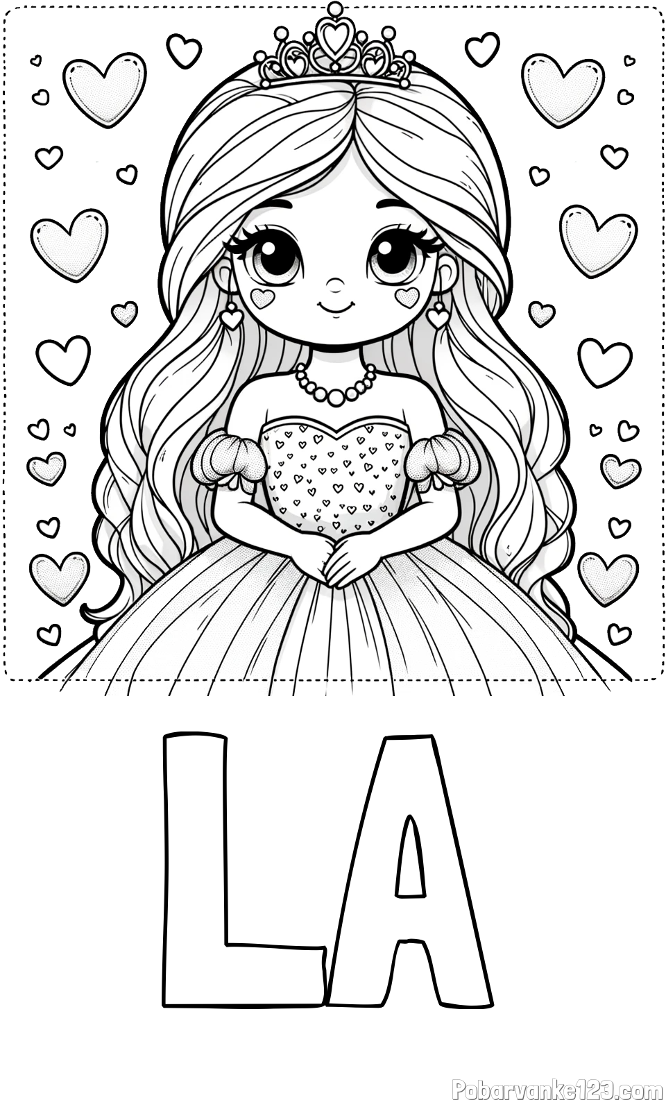 Pobarvanka imena LA in pobarvanka ljubke princese obdane s srčki