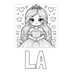Online izdelana pobarvanka - Pobarvanka imena LA in pobarvanka ljubke princese obdane s srčki