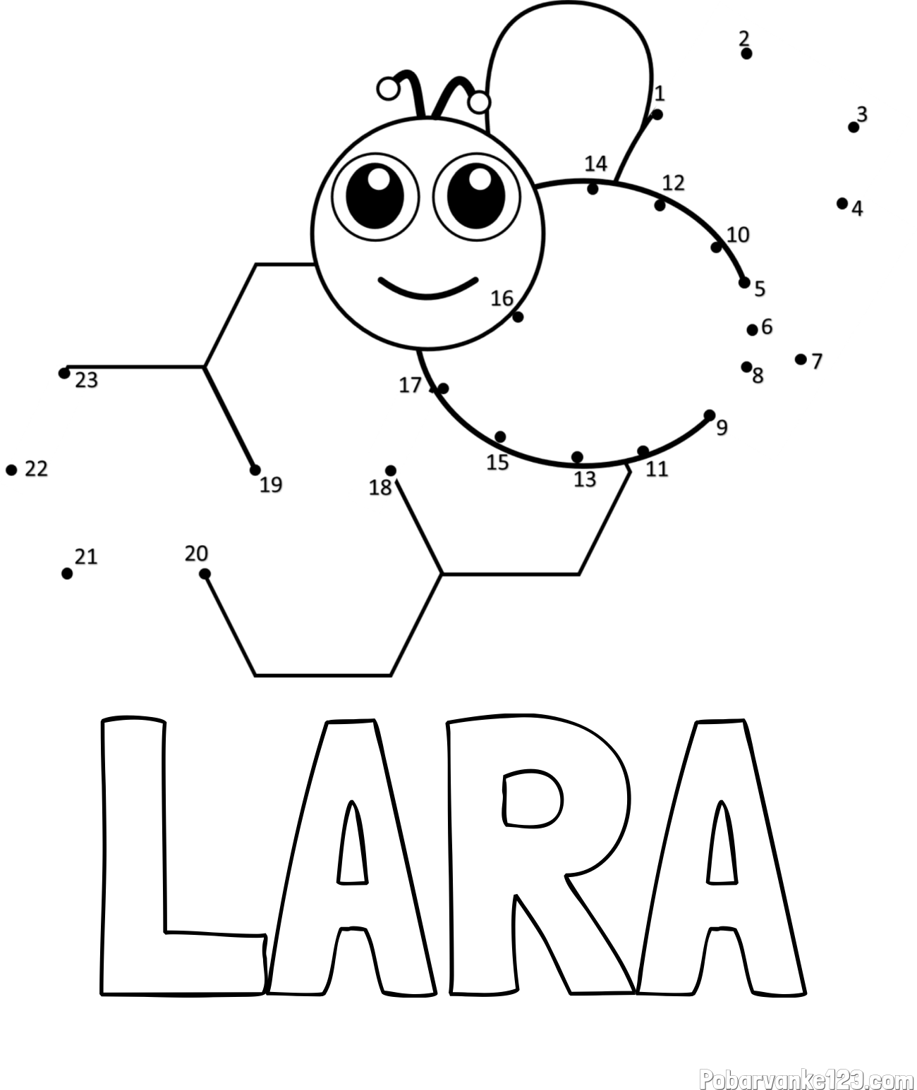 Pobarvanka imena LARA in pobarvanka čebelice in satja - poveži številke