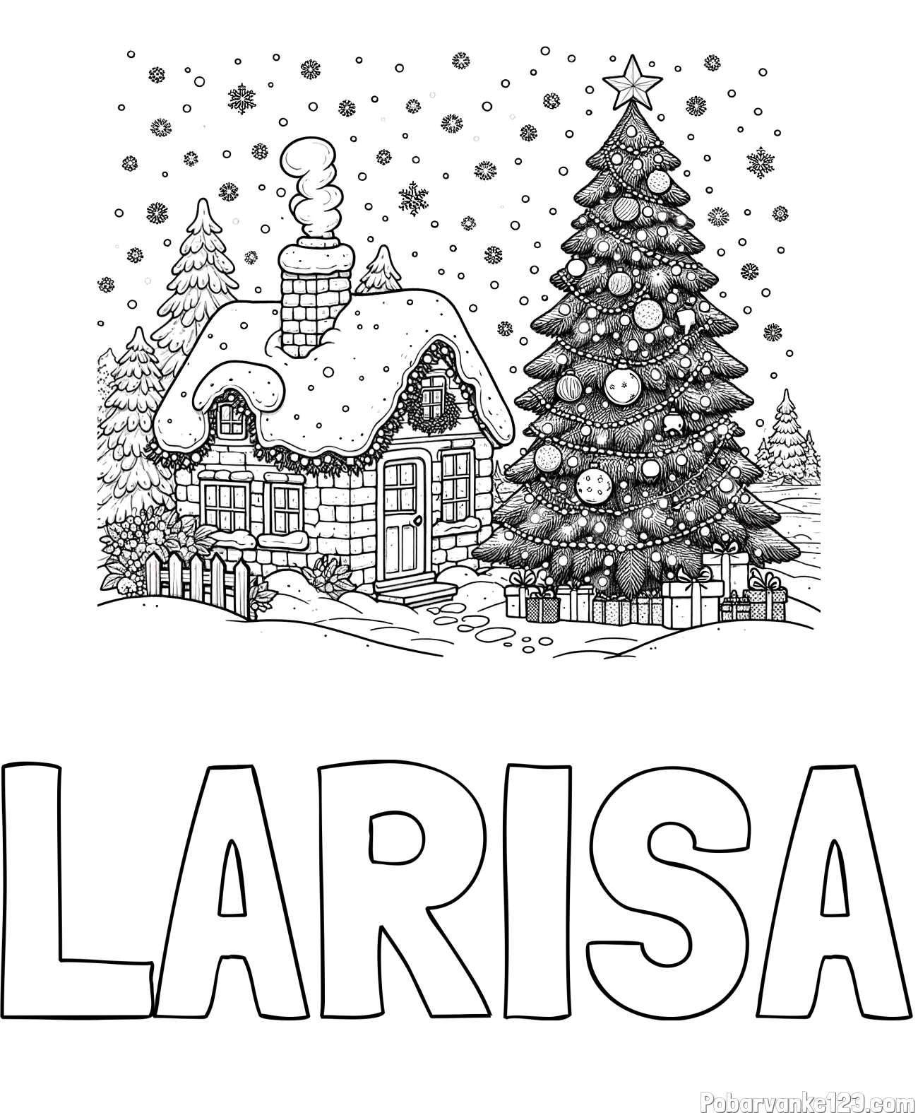 Pobarvanka imena LARISA in pobarvanka zasnežene hiške na božično noč