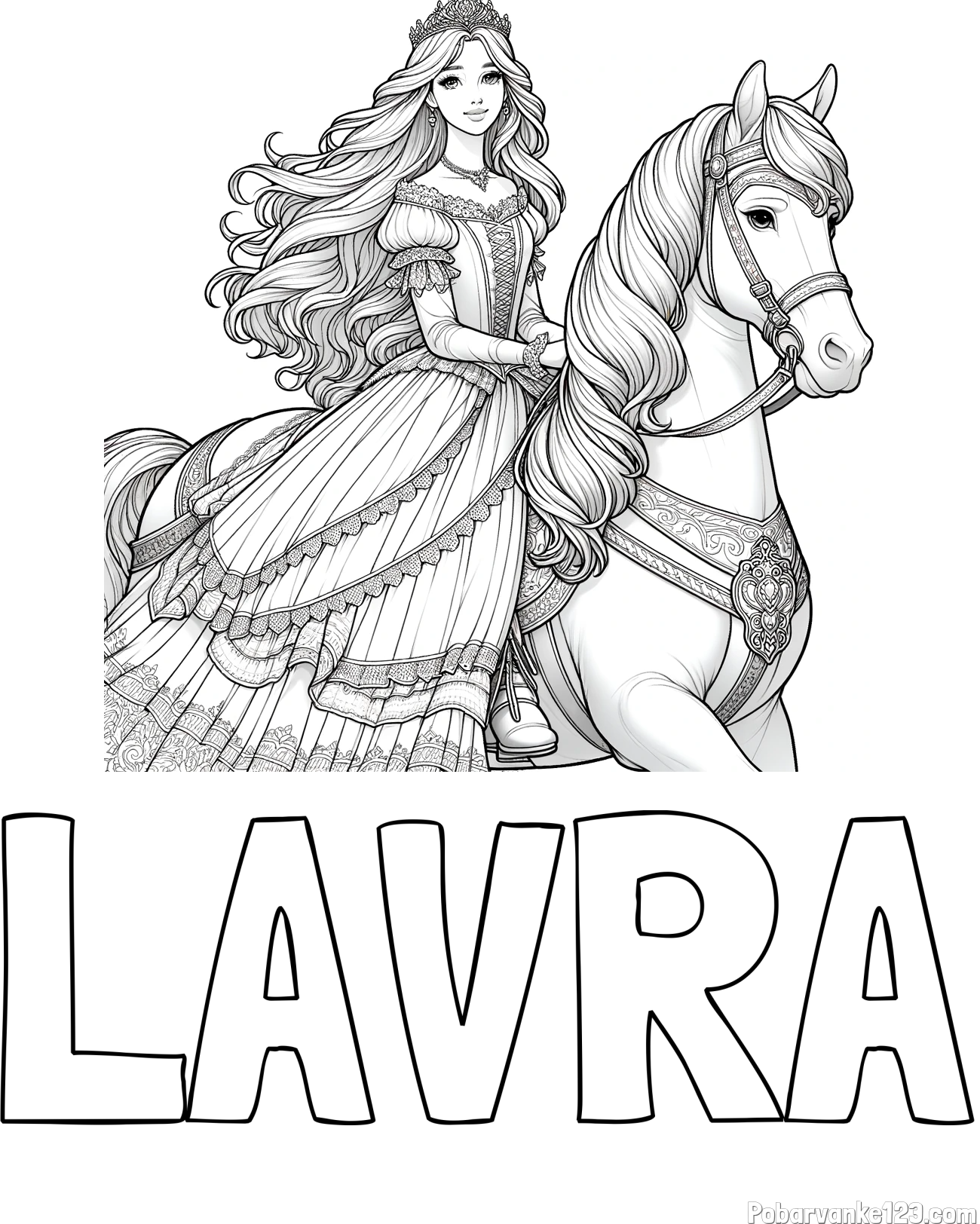 Pobarvanka imena LAVRA in pobarvanka nasmejana princese na konju