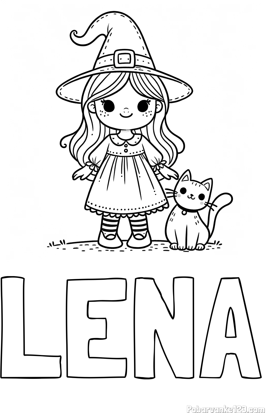 Pobarvanka imena LENA in Čudovita pobarvanka ljubke čarovnice in nasmejane mačke
