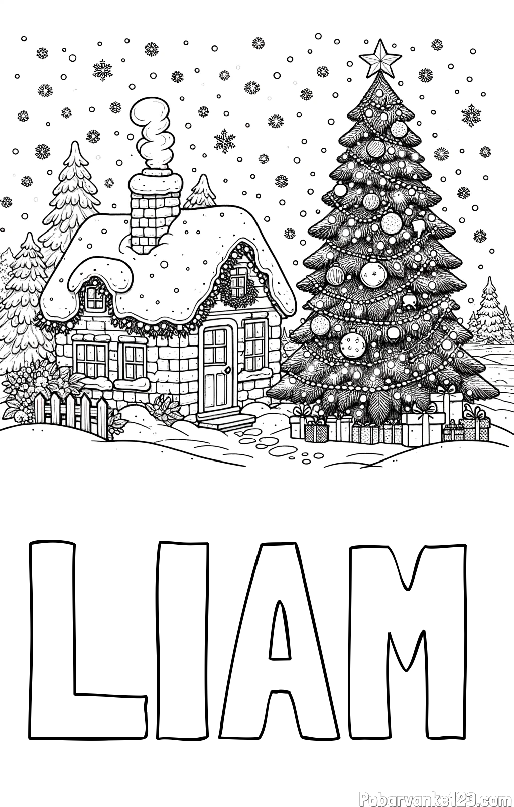 Pobarvanka imena LIAM in pobarvanka zasnežene hiške na božično noč
