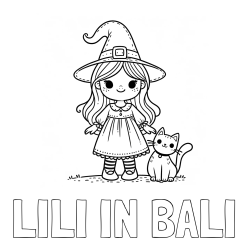 Online izdelana pobarvanka - Pobarvanka imena LILI IN BALI in Čudovita pobarvanka ljubke čarovnice in nasmejane mačke