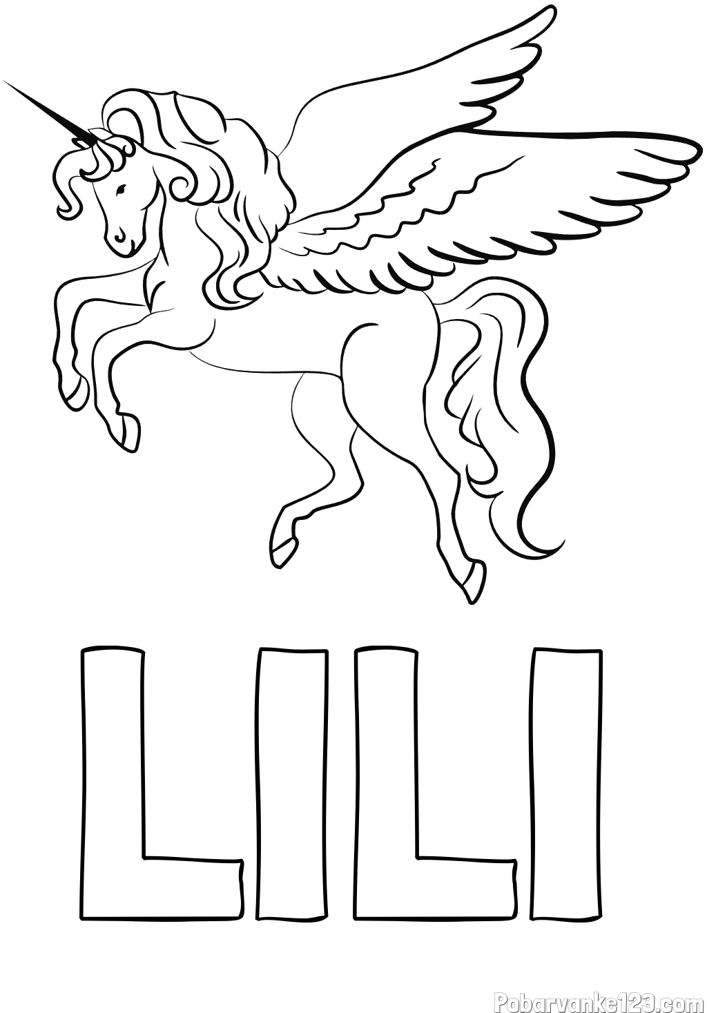 Pobarvanka imena LILI in lepa pobarvanka samoroga