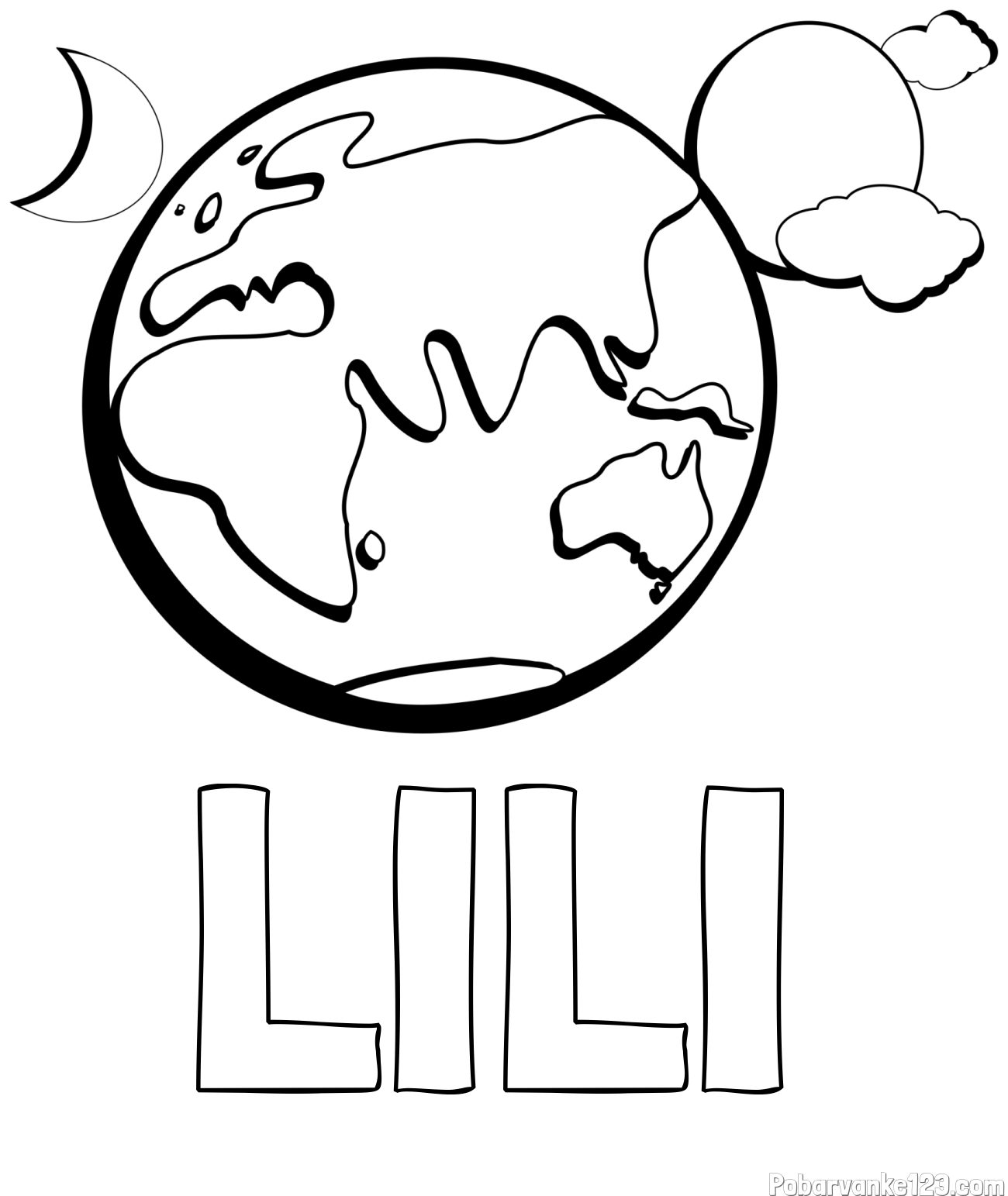 Pobarvanka imena LILI in pobarvanka planeta Zemlje, lune ter sonca