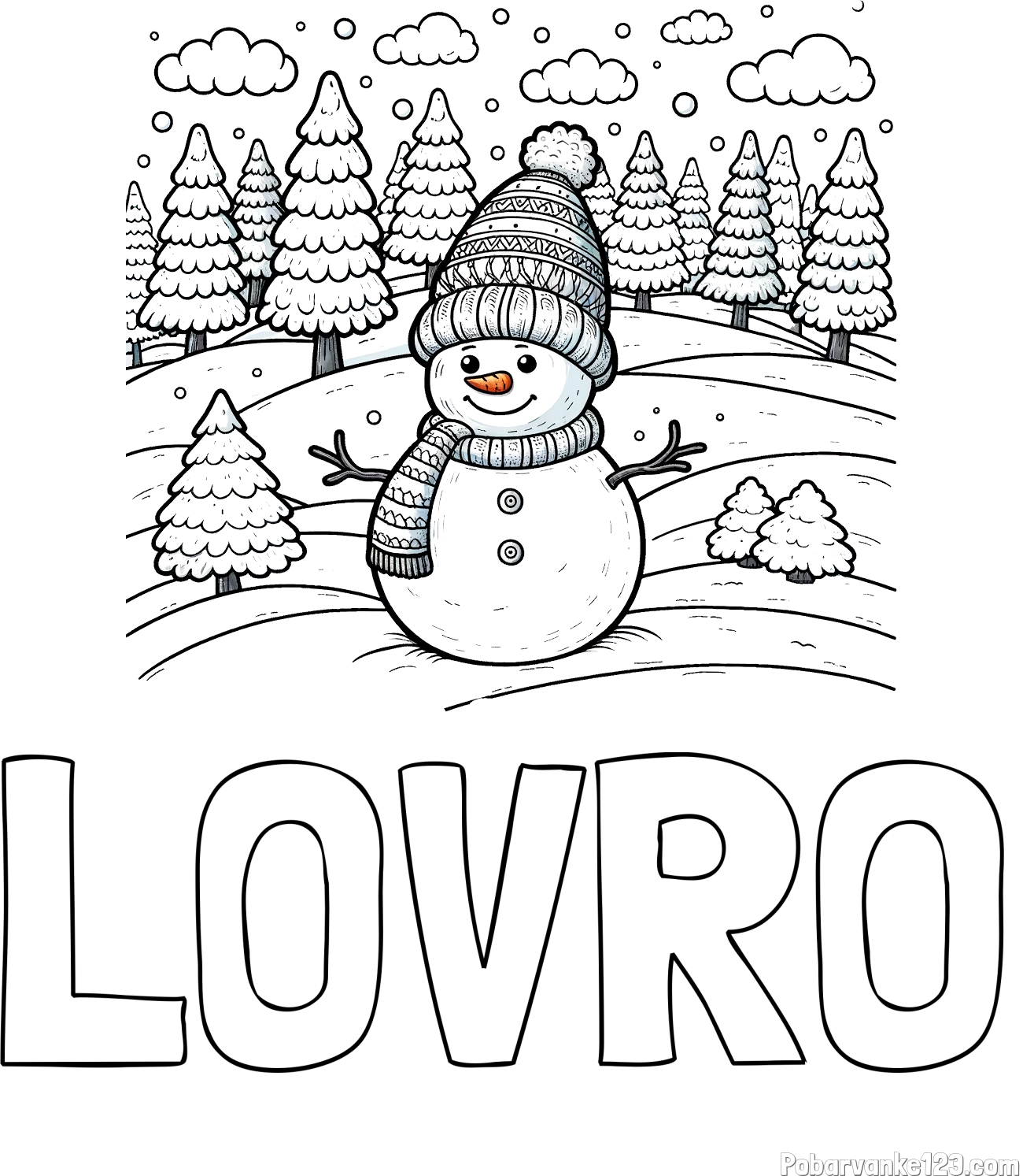Pobarvanka imena LOVRO in pobarvanka snežaka v naravi obdanega z zasneženimi smrekami
