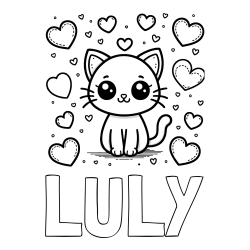 Online izdelana pobarvanka - Pobarvanka imena LULY in pobarvanka ljubke mucke obdane z veliko srčki