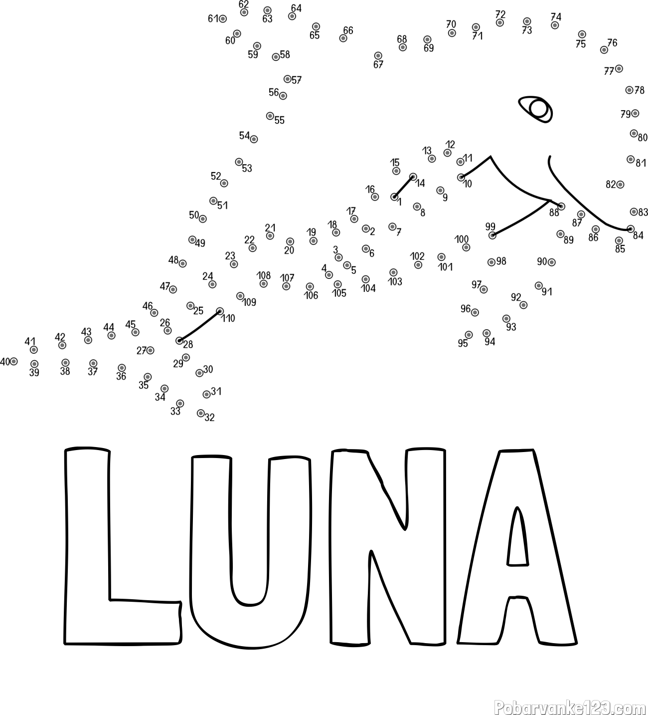 Pobarvanka imena LUNA in pobarvanka delfina - poveži številke