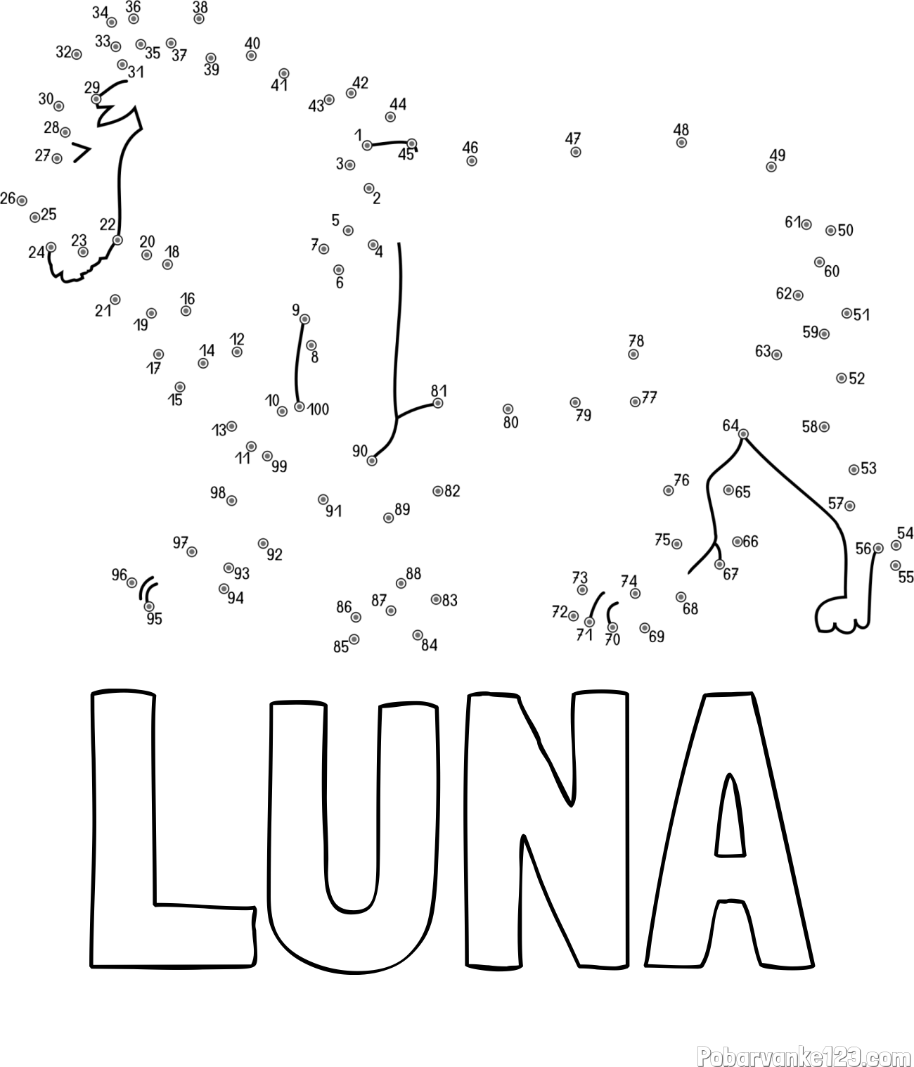 Pobarvanka imena LUNA in pobarvanka leva - poveži številke