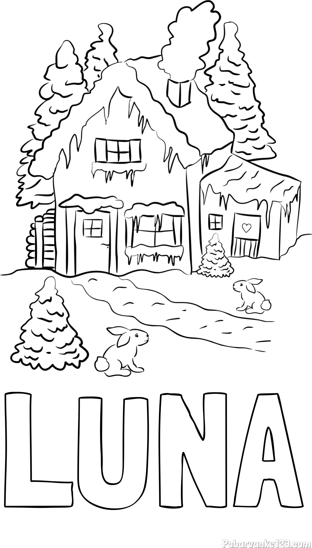 Pobarvanka imena LUNA in pobarvanka zasnežene hiše