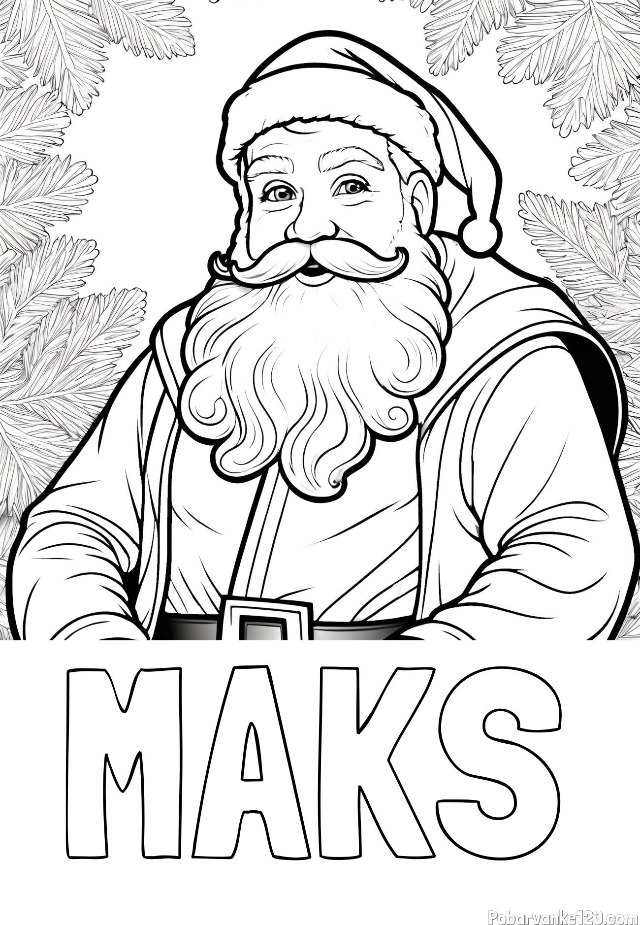 Pobarvanka imena MAKS in realistična pobarvanka božička obdanega s smrekovimi vejami