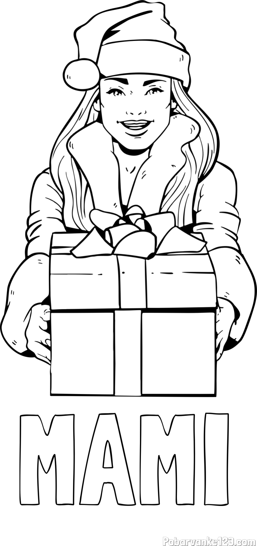 Pobarvanka imena MAMI in pobarvanka ženske oblečene v Božička z darilom