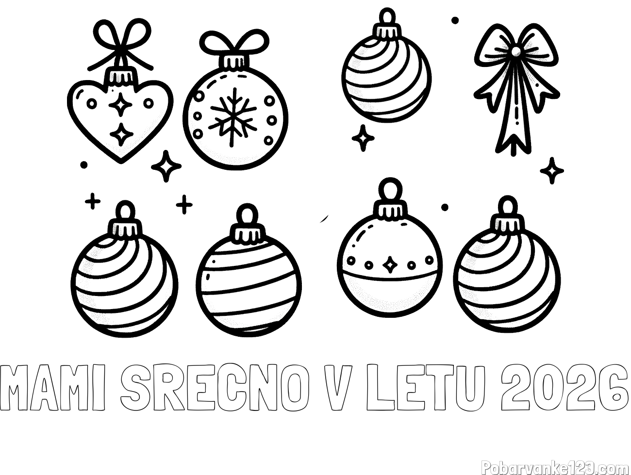Pobarvanka imena MAMI SREČNO V LETU 2026 in pobarvanka božičnih okraskov za na smrečico