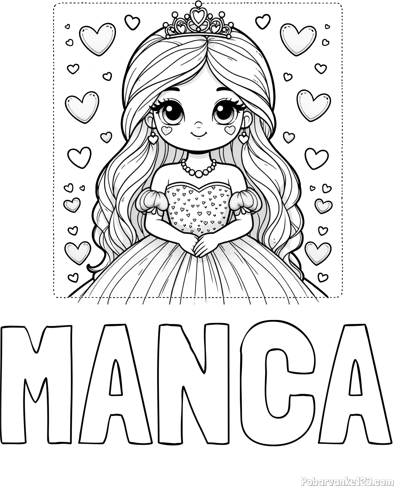 Pobarvanka imena MANCA in pobarvanka ljubke princese obdane s srčki