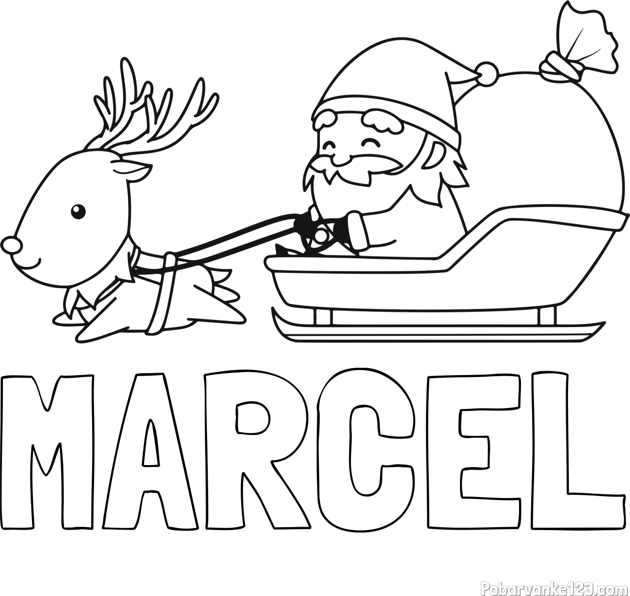 Pobarvanka imena MARCEL in pobarvanka Božička na saneh ter jelenčka Rudolfa