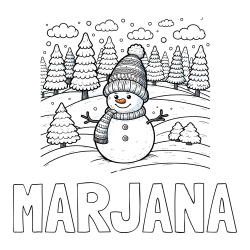 Online izdelana pobarvanka - Pobarvanka imena MARJANA in pobarvanka snežaka v naravi obdanega z zasneženimi smrekami