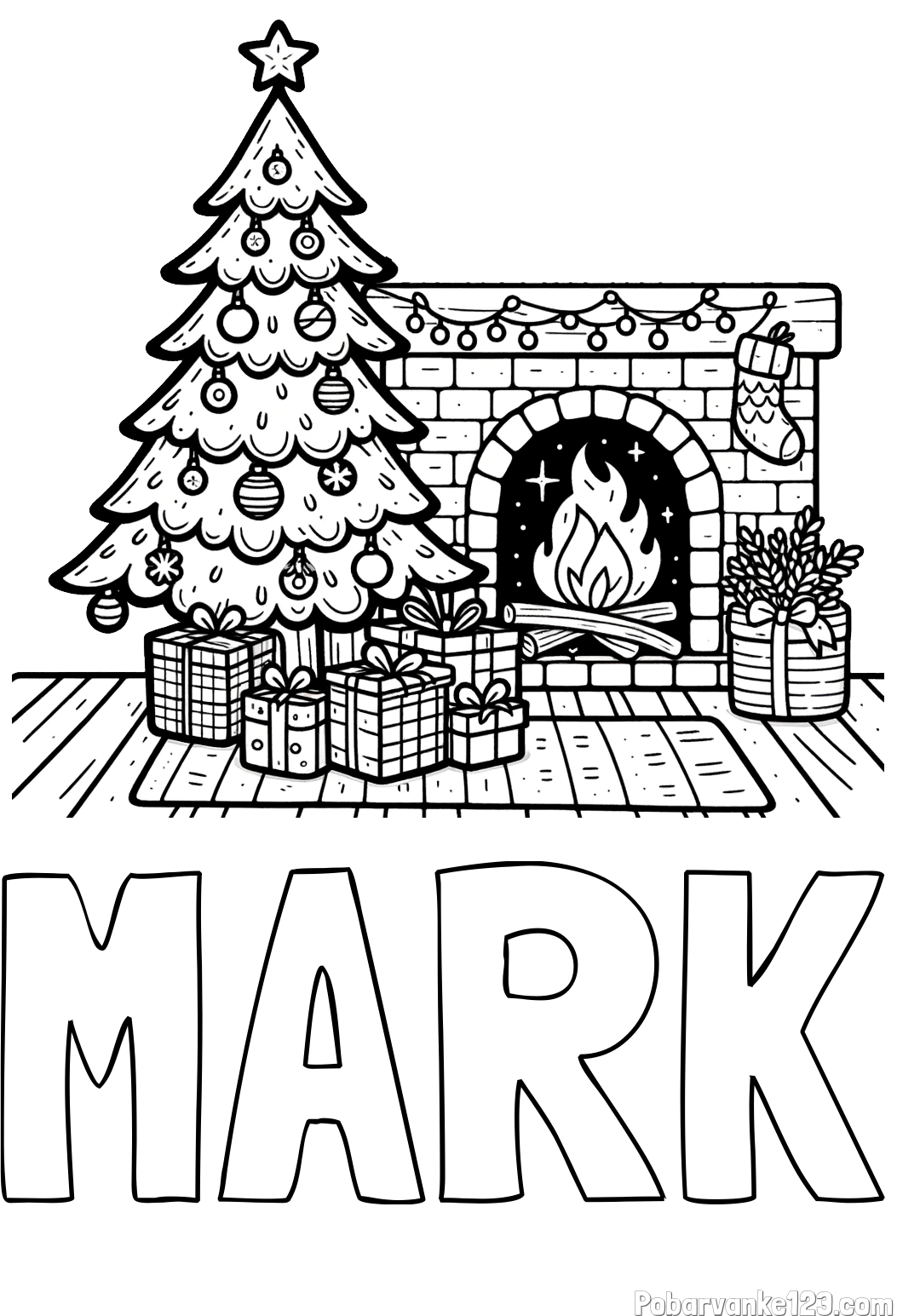 Pobarvanka imena MARK in pobarvanka božične noči z božično smrečico, darili ter kaminom