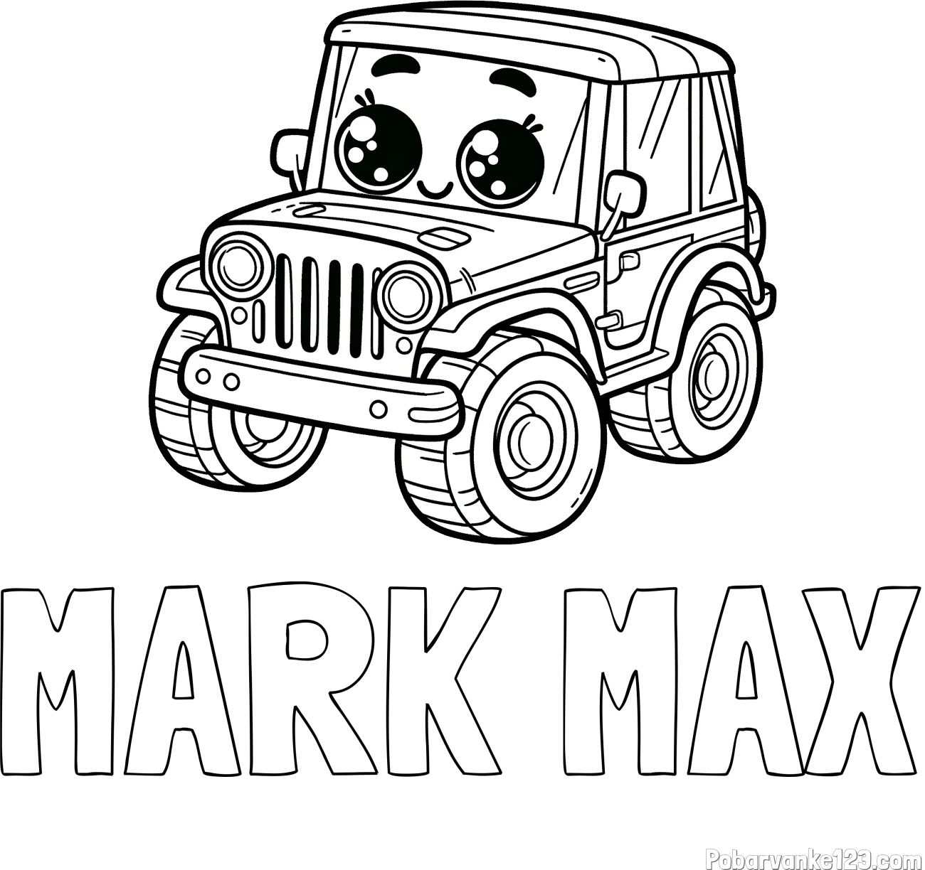 Pobarvanka imena MARK MAX in otroška pobarvanka nasmejanega jeep-a