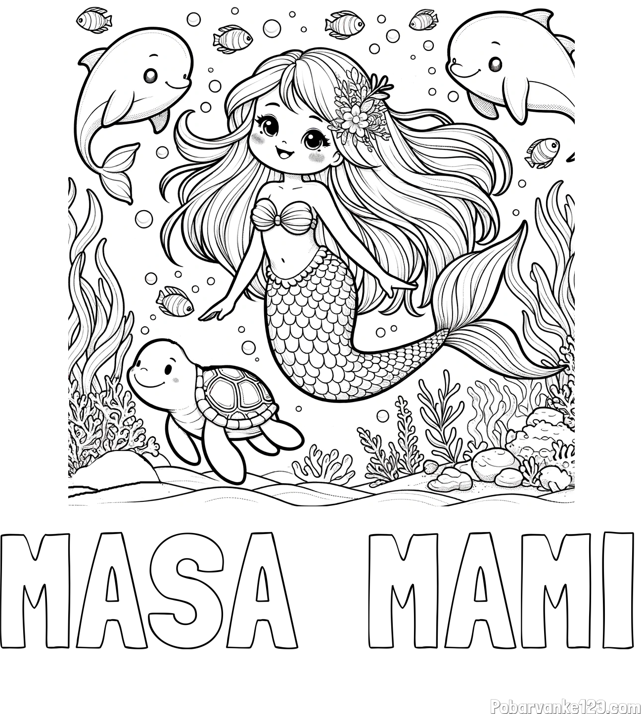 Pobarvanka imena MAŠA - MAMI in pobarvana ljubke morske deklice s prijatelji