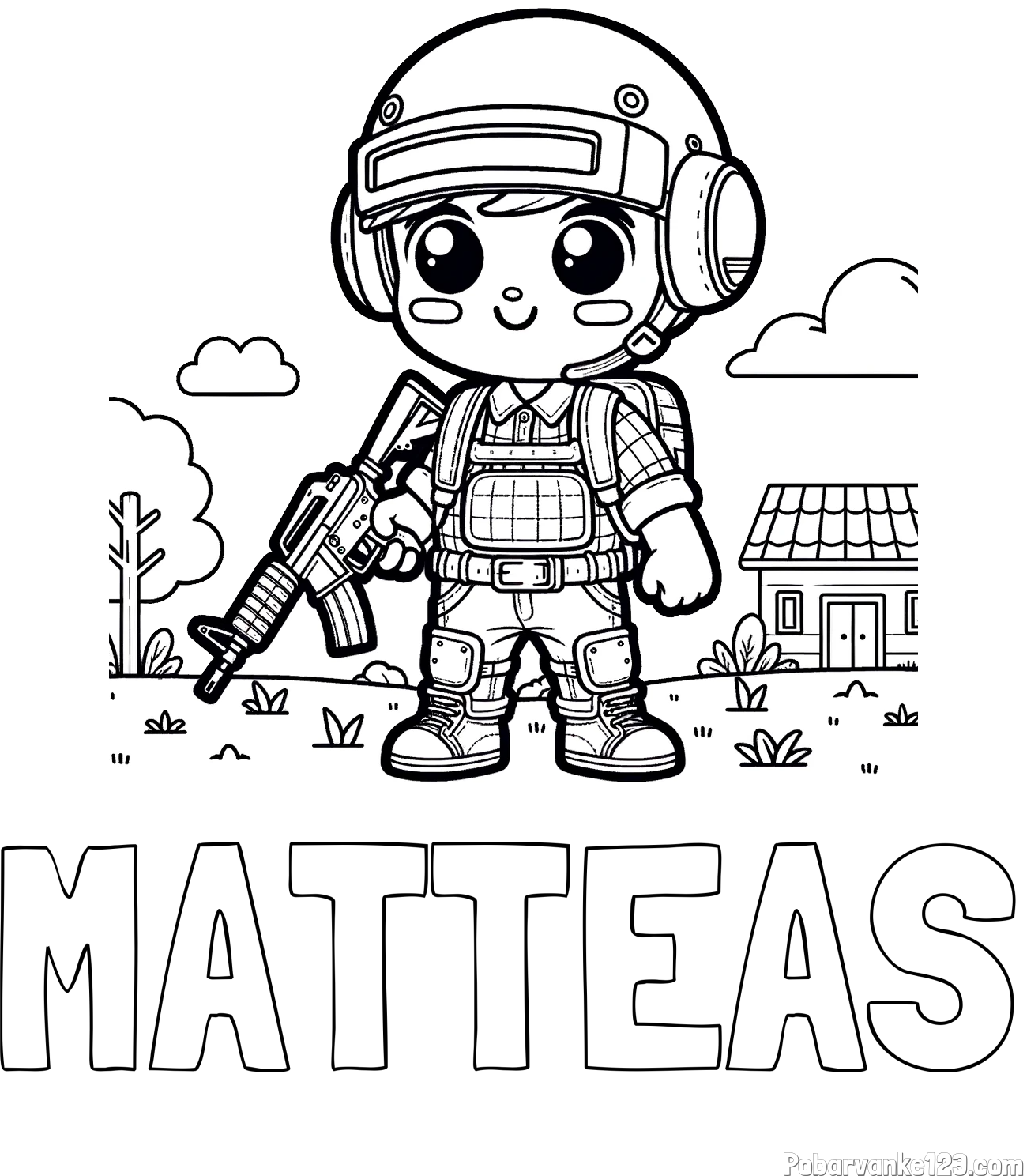 Pobarvanka imena MATTEAS in preprosta otroška PUBG pobarvanka