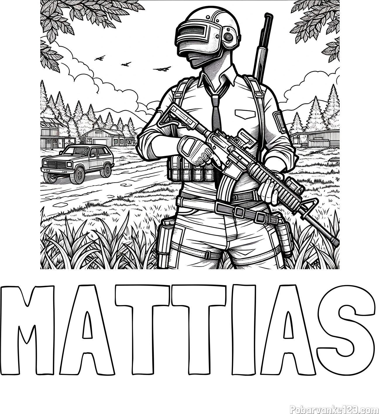 Pobarvanka imena MATTIAS in PUB pobarvanka bojišča ter osrednjega lika