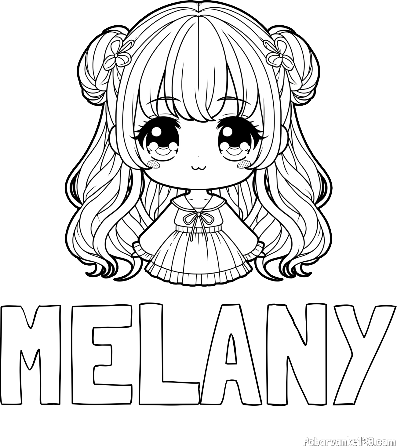 Pobarvanka imena MELANY in pobarvanka prikupne punčke v anime slogu