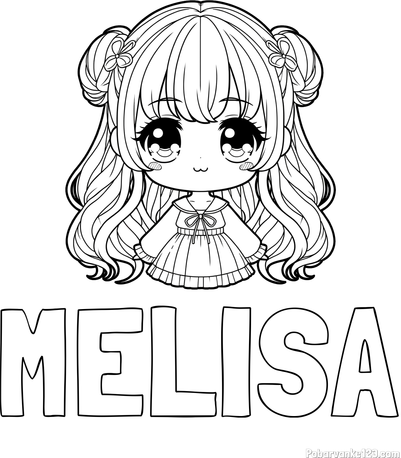 Pobarvanka imena MELISA in pobarvanka prikupne punčke v anime slogu