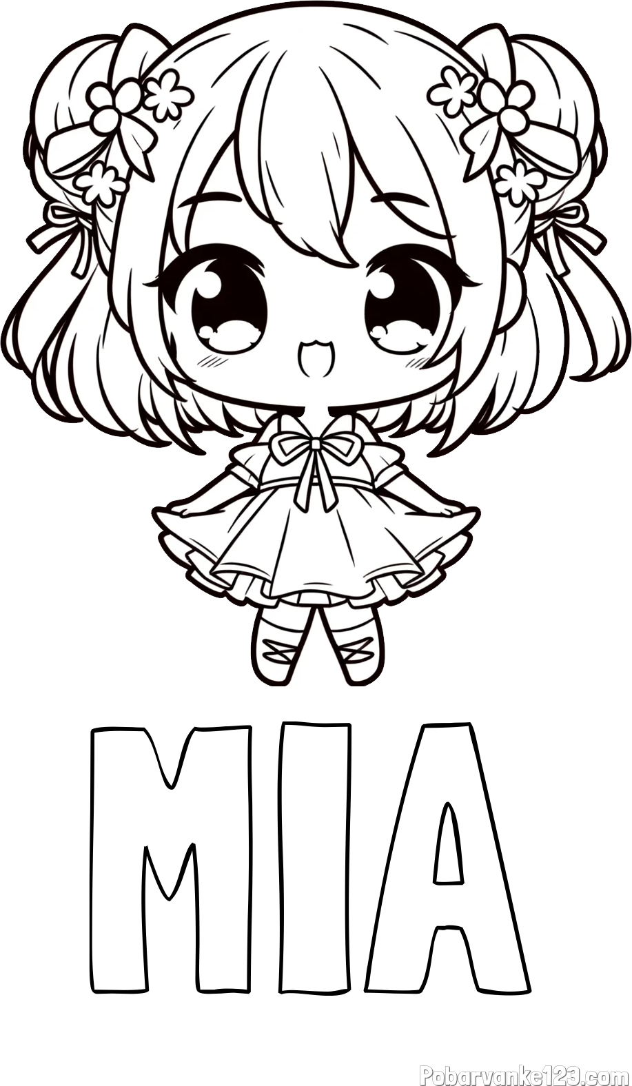 Pobarvanka imena MIA in otroška pobarvanka punčke v japonskem anime slogu
