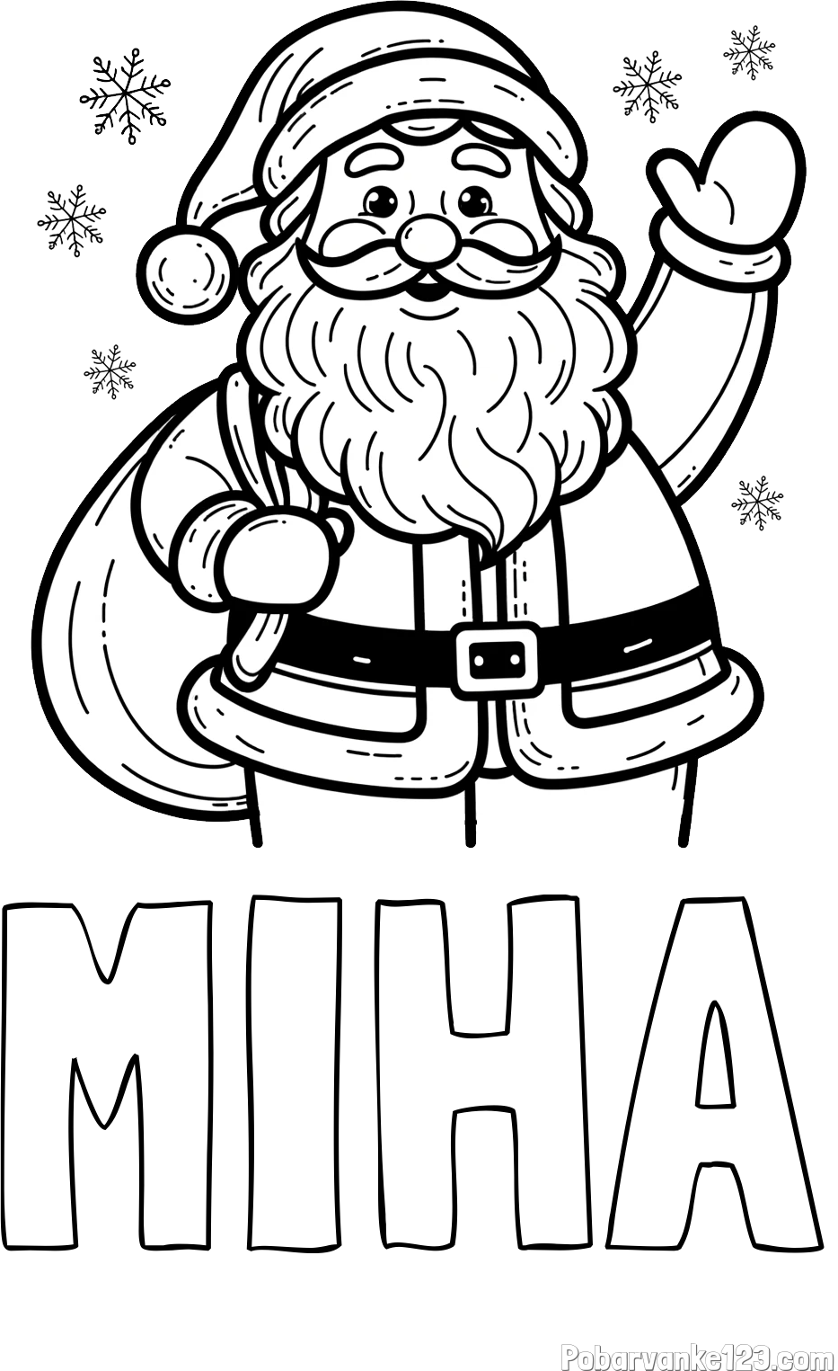Pobarvanka imena MIHA in pobarvanka nasmejanega Božička s polno vrečo daril