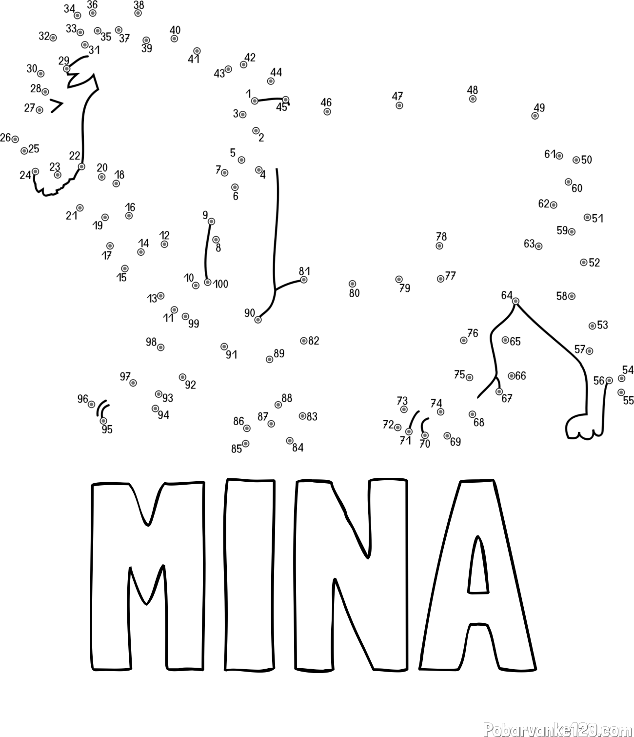 Pobarvanka imena MINA in pobarvanka leva - poveži številke