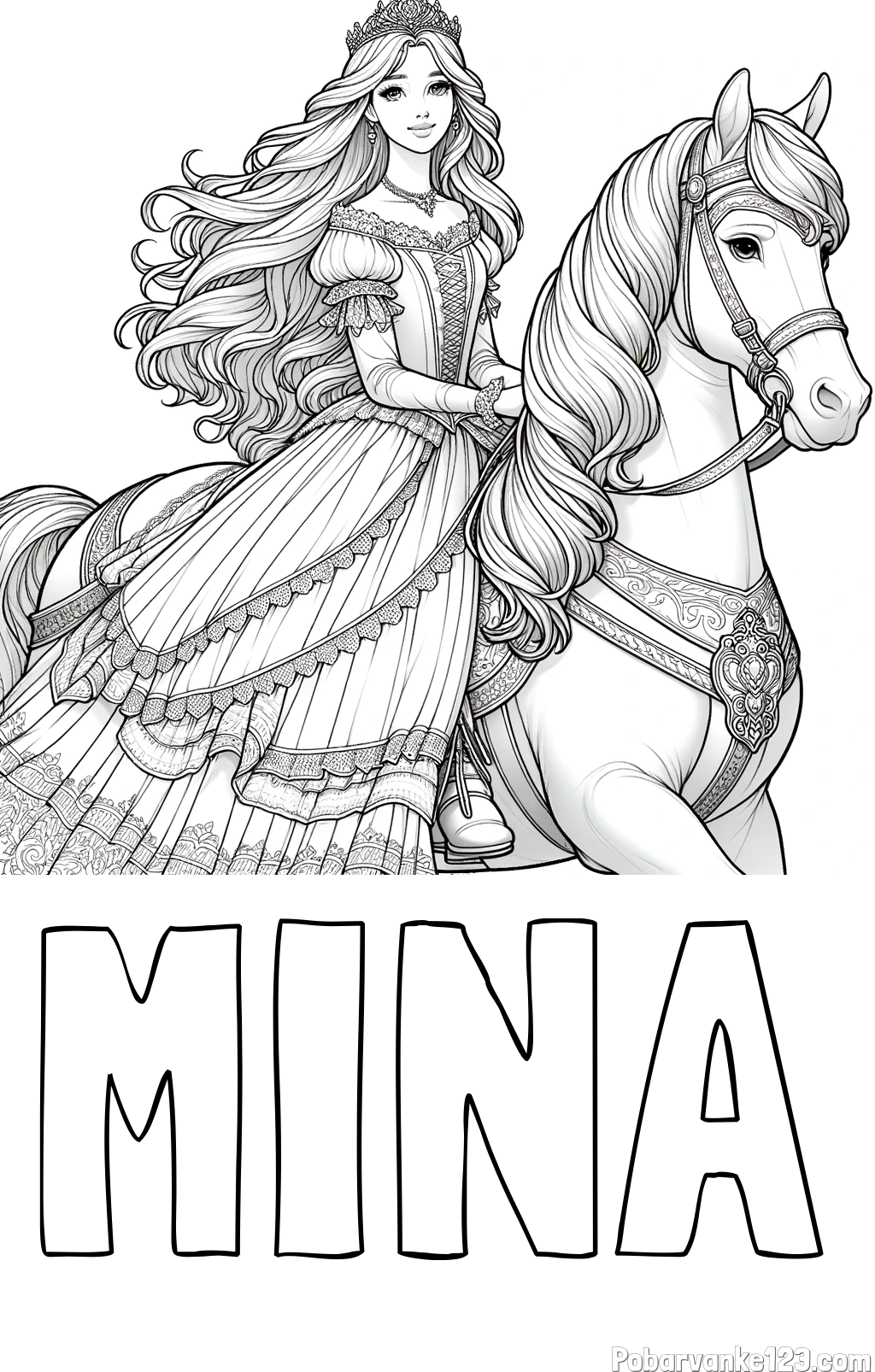 Pobarvanka imena MINA in pobarvanka nasmejana princese na konju
