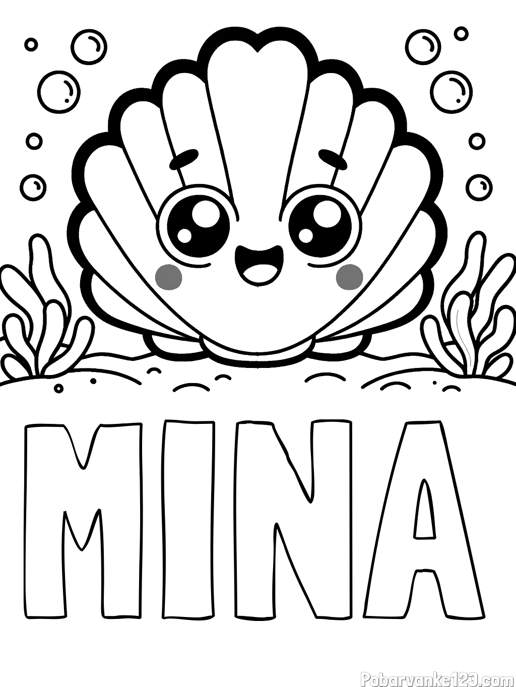 Pobarvanka imena MINA in pobarvanka nasmejane školjke