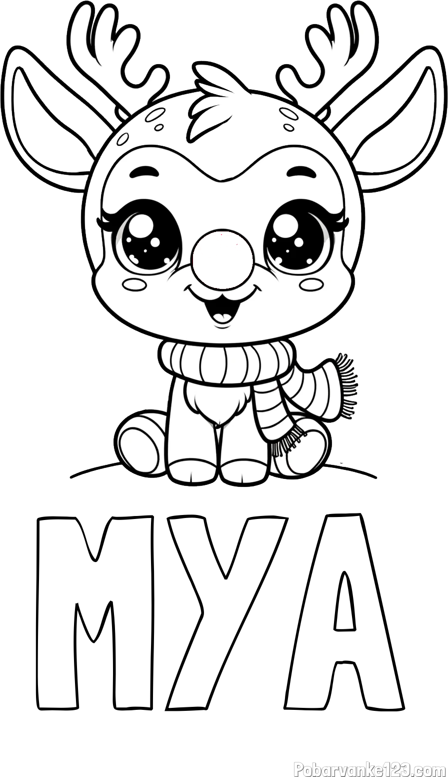 Pobarvanka imena MYA in otroška pobarvanka jelenčka Rudolfa s šalom okoli vratu