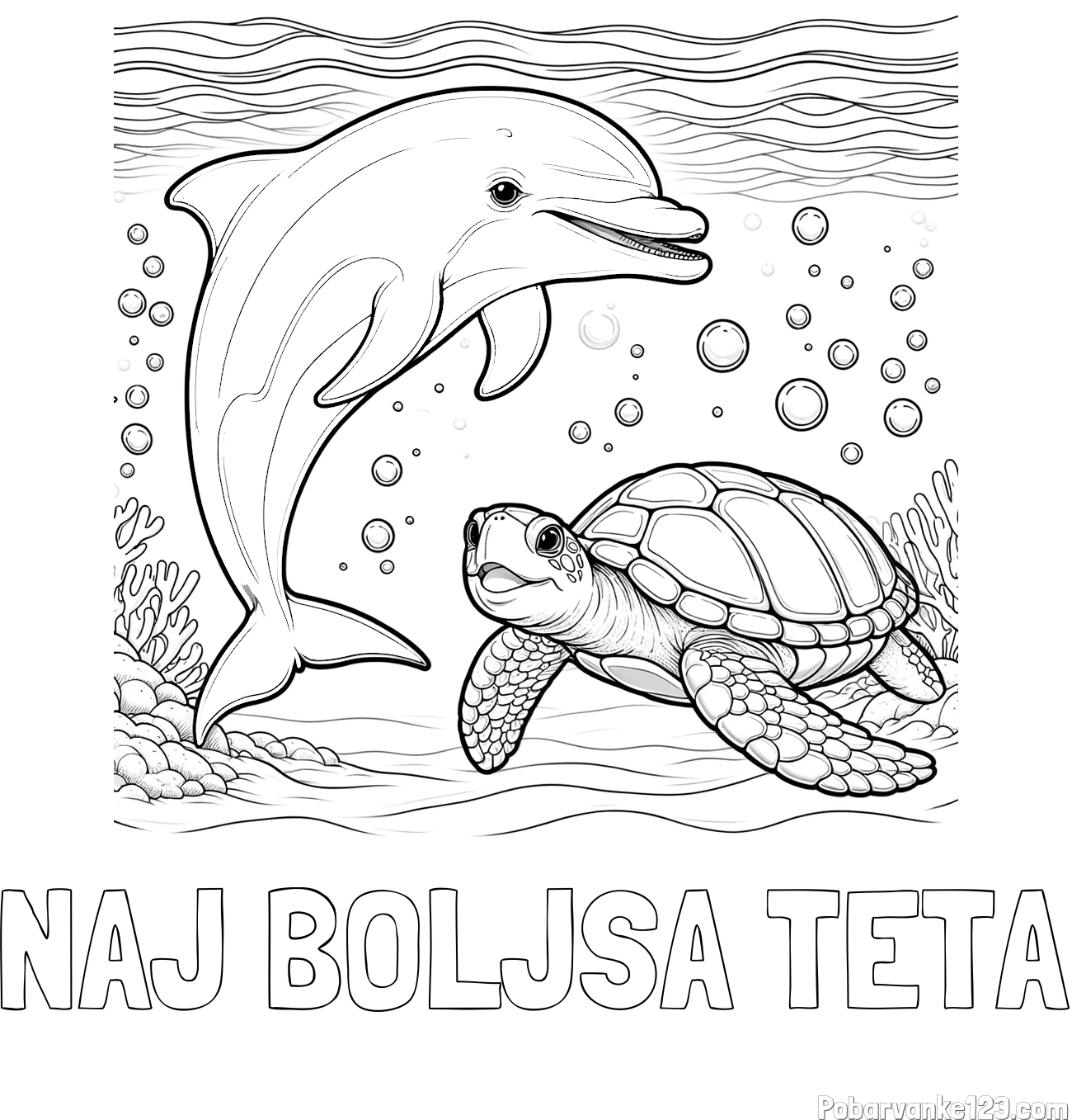Pobarvanka imena NAJ BOLJŠA TETA in pobarvanka ljubkega delfina in njegove prijateljice želve