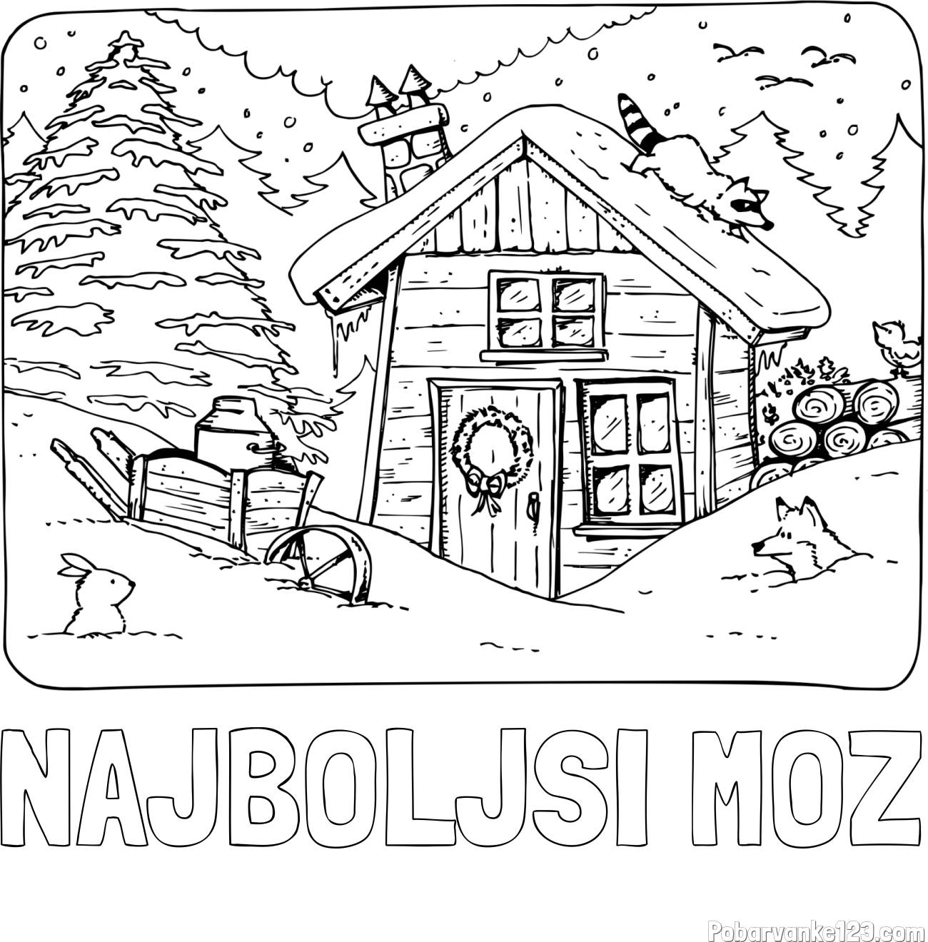 Pobarvanka imena NAJBOLJŠI MOŽ in pobarvanka zasnežene pokrajine s hiško