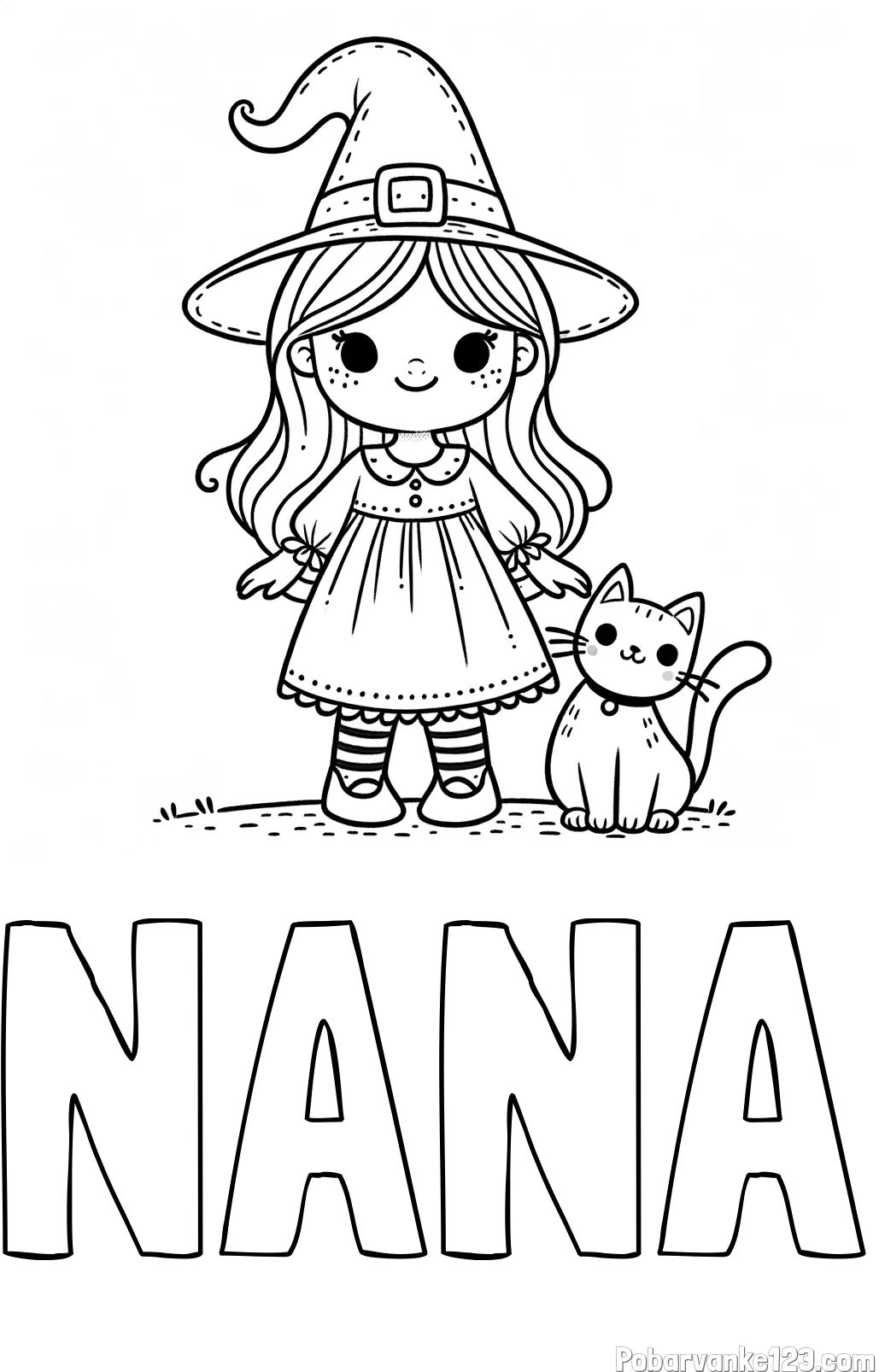 Pobarvanka imena NANA in Čudovita pobarvanka ljubke čarovnice in nasmejane mačke