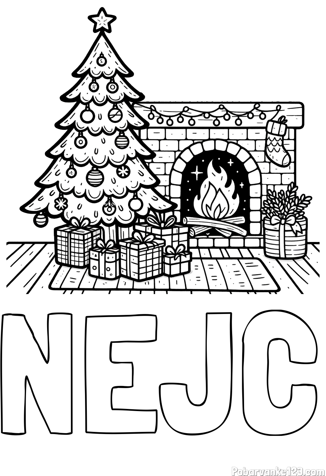 Pobarvanka imena NEJC in pobarvanka božične noči z božično smrečico, darili ter kaminom