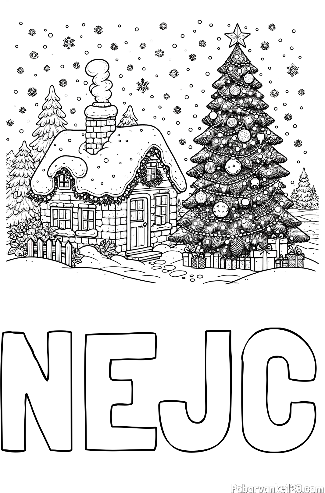 Pobarvanka imena NEJC in pobarvanka zasnežene hiške na božično noč