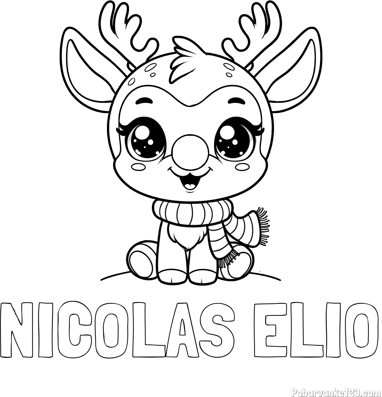 Pobarvanka imena NICOLAS ELIO in otroška pobarvanka jelenčka Rudolfa s šalom okoli vratu