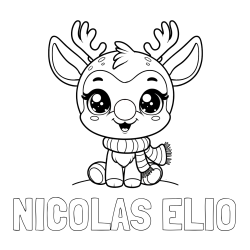 Online izdelana pobarvanka - Pobarvanka imena NICOLAS ELIO in otroška pobarvanka jelenčka Rudolfa s šalom okoli vratu