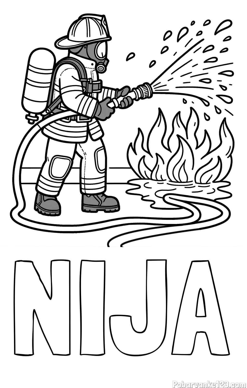 Pobarvanka imena NIJA in pobarvanka gasilca in velikega požara