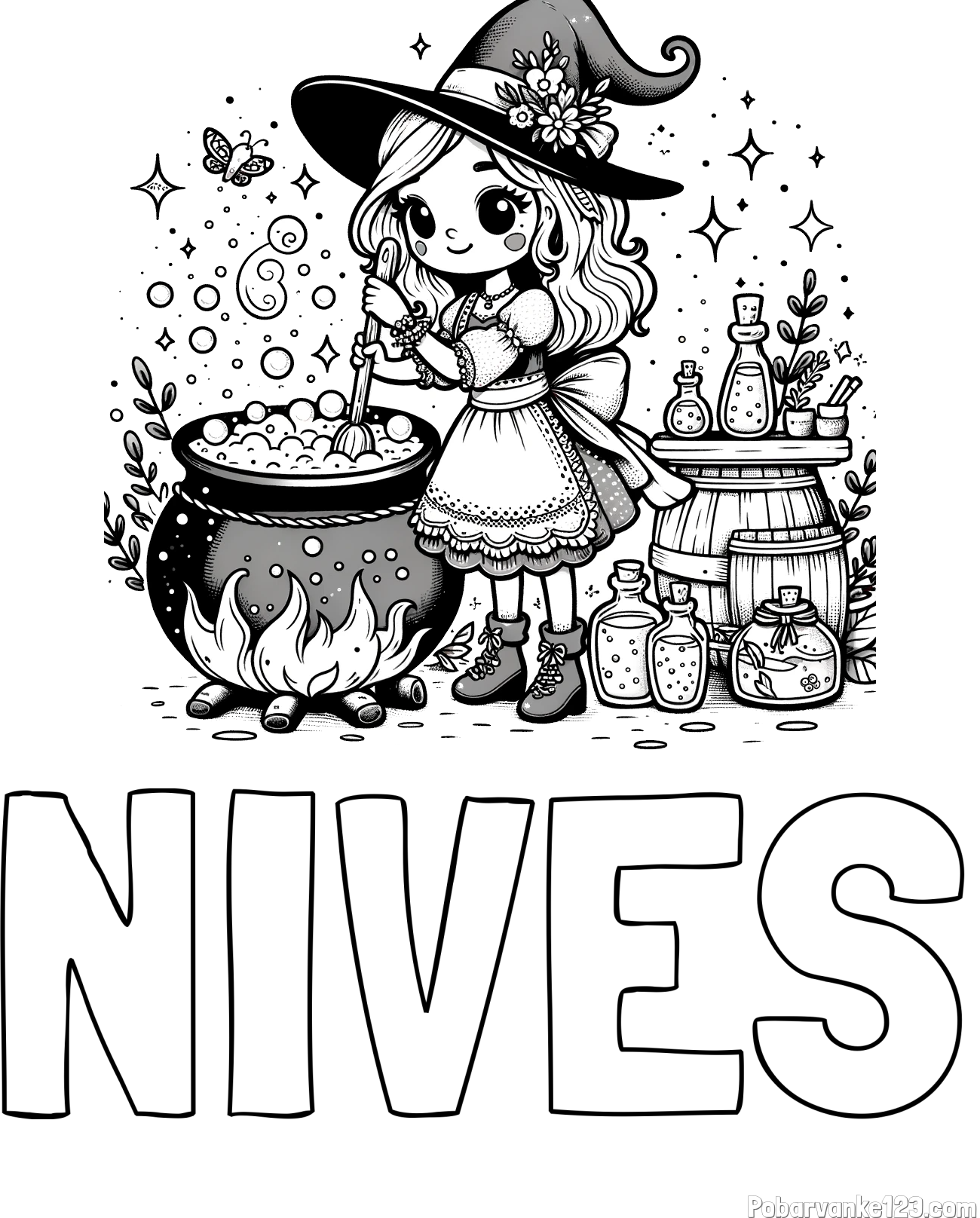 Pobarvanka imena NIVES in pobarvanka prikupna čarovnica, ki pripravlja čarobni napoj