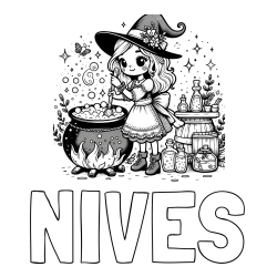 Pobarvanka imena NIVES in pobarvanka prikupna čarovnica, ki pripravlja čarobni napoj