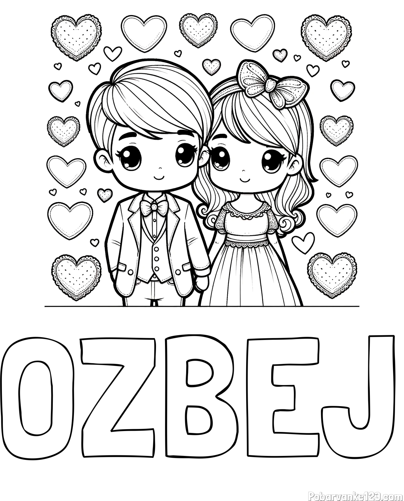 Pobarvanka imena OŽBEJ in pobarvanka dveh zaljubljencev s srčki