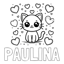 Online izdelana pobarvanka - Pobarvanka imena PAULINA in pobarvanka ljubke mucke obdane z veliko srčki