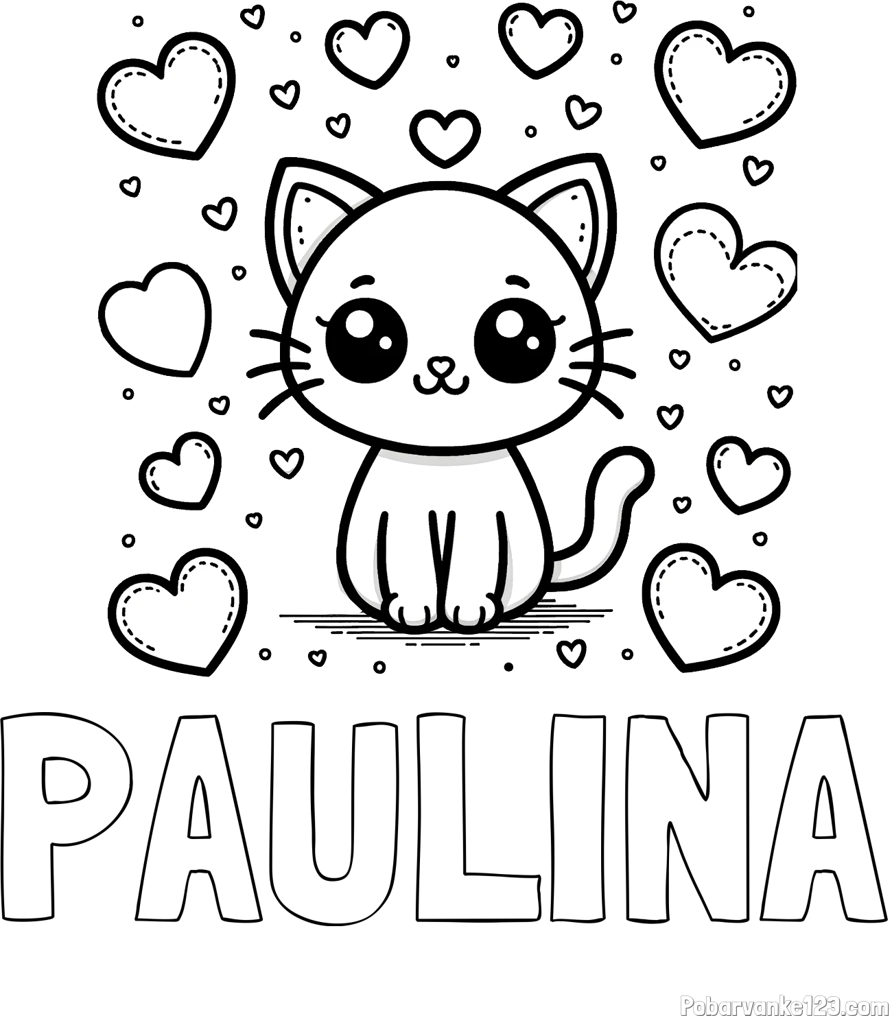 Pobarvanka imena PAULINA in pobarvanka ljubke mucke obdane z veliko srčki