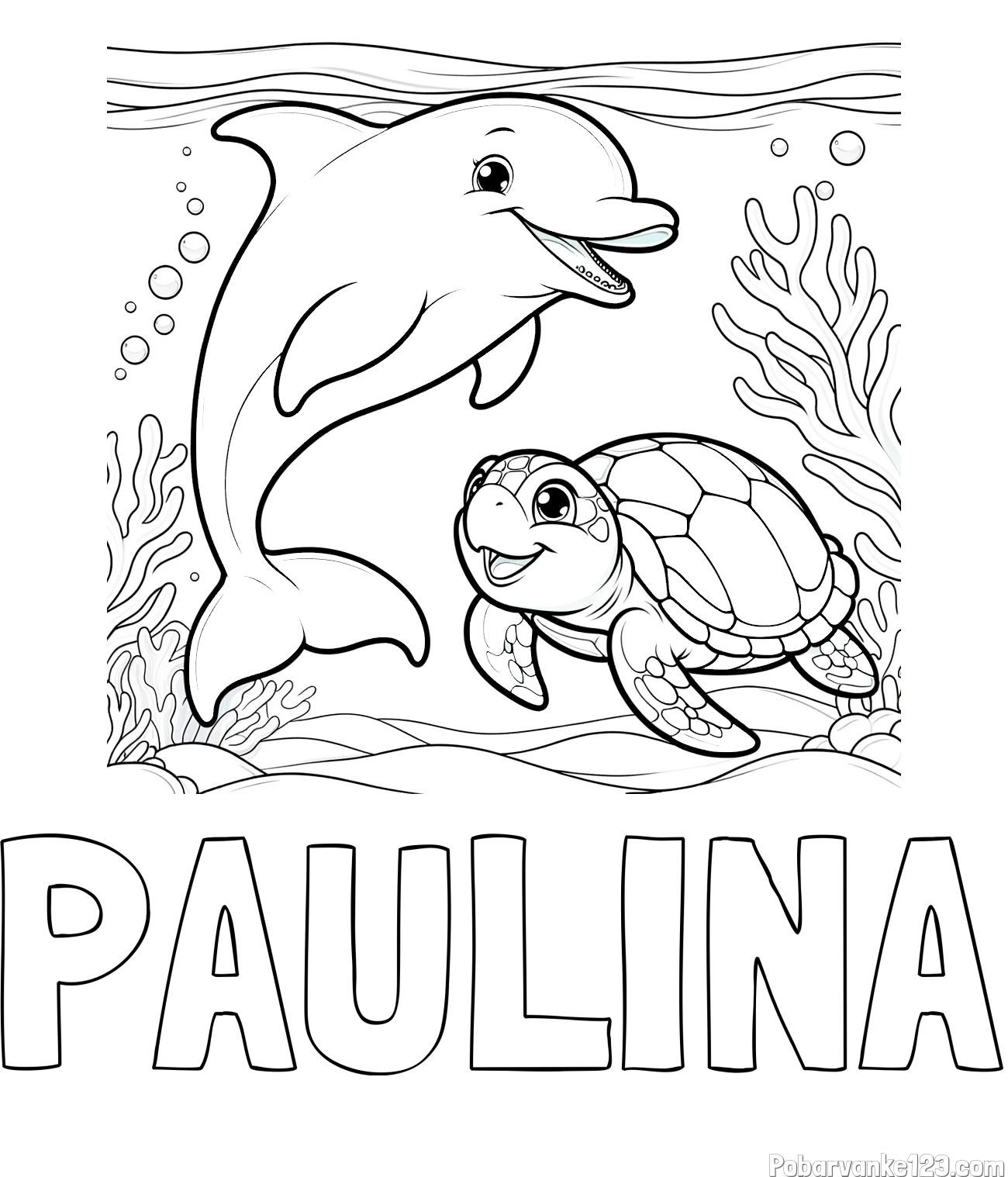 Pobarvanka imena PAULINA in pobarvanka ljubkega delfina z želvo v morju