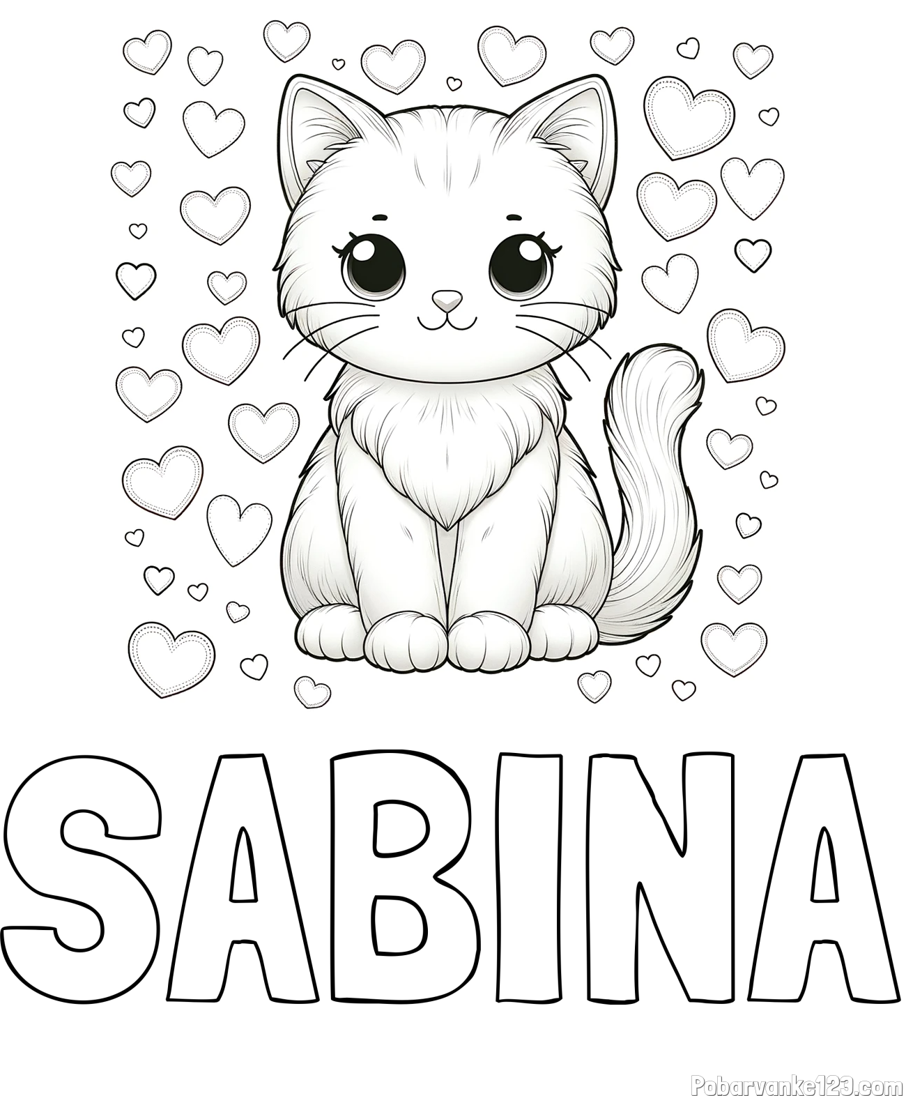 Pobarvanka imena SABINA in pobarvanka ljubke mucke obdane s srčki
