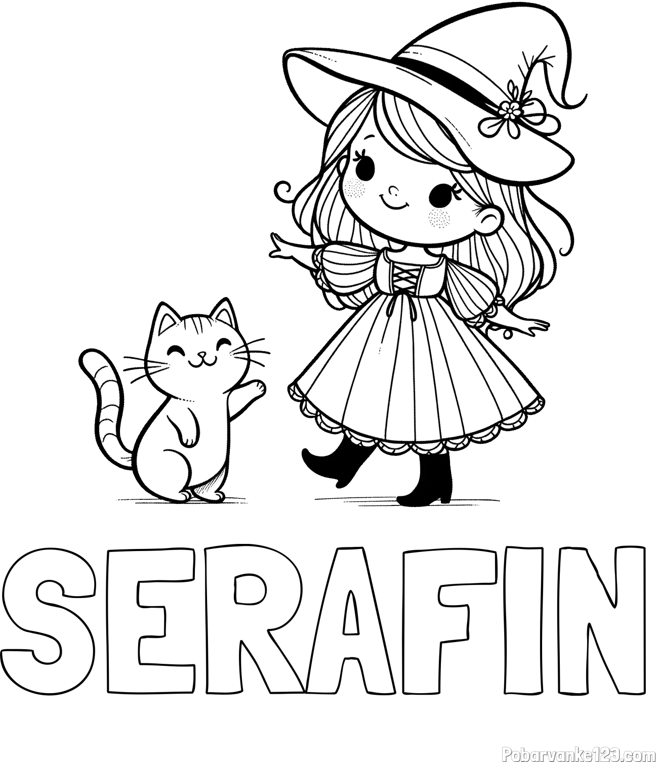 Pobarvanka imena SERAFIN in pobarvanka ljubke čarovnice ter podrednega mačka